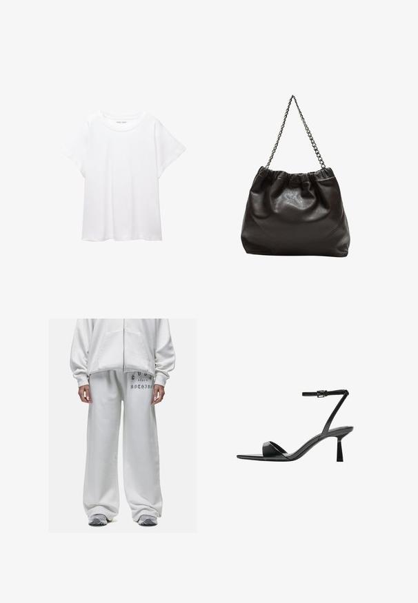 Biała koszulka wykonana z miękkiej, lekkiej tkaniny. Posiada okrągły dekolt oraz krótkie, szerokie rękawy, zapewniające luźny krój. Brak widocznych wzorów.; Biała bluza z kapturem na zamek błyskawiczny i kieszeniami typu kangur, w połączeniu z białymi spodniami dresowymi z nadrukiem na lewym udzie.; Bershka - Sandały na obcasie; Brązowa skórzana torba z marszczonym szczytem i łańcuszkowym paskiem. Gładka tekstura z błyszczącym wykończeniem i subtelnymi detalami szwów po bokach.