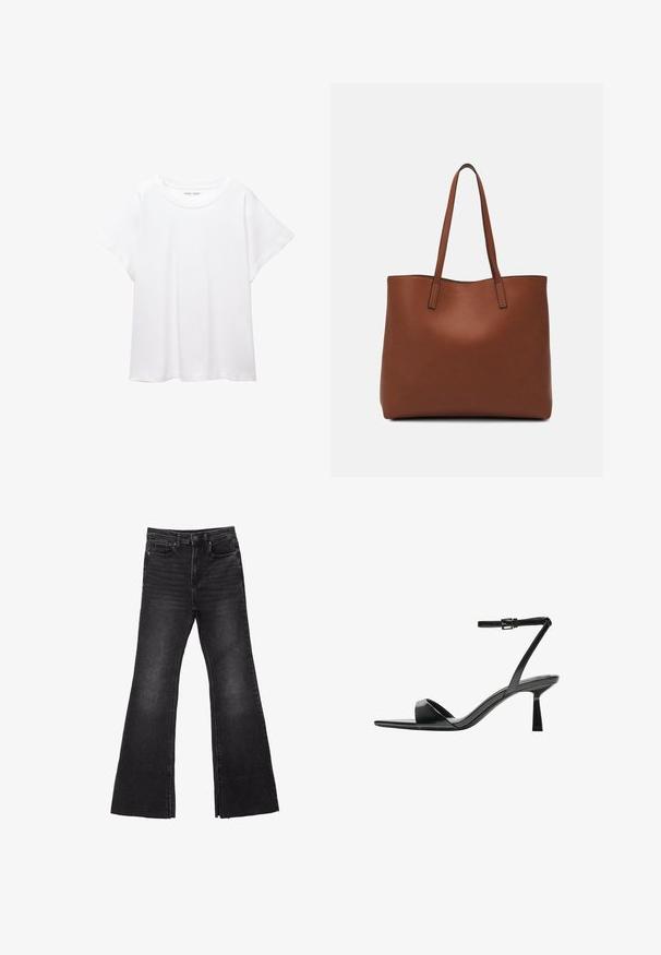 Biele tričko vyrobené z mäkkého, ľahkého materiálu. Má okrúhly výstrih a krátke, široké rukávy s uvoľneným strihom. Bez viditeľných vzorov.; Čierne džínsy s rozšírenými nohavicami a surovým lemom, so štýlovým dizajnom piatich vreciek a zapínaním na gombík. Vyrobené z pevnej, štruktúrovanej látky.; Bershka Sandále na vysokom opätku - black; Hnedá kožená taška na rameno s hladkou textúrou, otvoreným vrchom a dvoma ramenými popruhmi. Má minimálne šitia a žiadne viditeľné kovania.