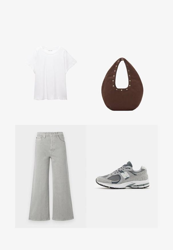 Tricou alb dintr-un material moale și ușor. Prezintă un decolteu rotund și mâneci scurte, largi, cu un croi lejer. Fără modele vizibile.; Jeansi largi gri deschis din denim, cu talie înaltă, buzunare frontale și închidere cu nasture. Textură netedă cu detalii de design minime.; Tenis gri din materiale din plasă și suede, având un logo alb, guler căptușit și o talpă din cauciuc texturată. Accente în gri închis.; Geantă tote marron cu o formă curbată, având un mâner mare decupat decorat cu nituri argintii de-a lungul marginii. Fabricată dintr-un material moale.