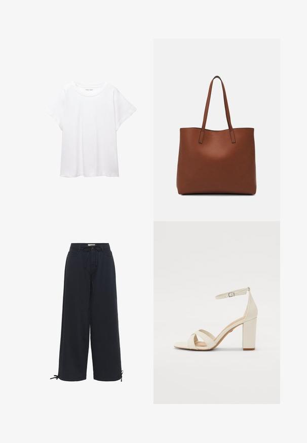 Vit t-shirt som är gjord av mjukt, lätt tyg. Har en rund halsringning och korta, vida ärmar med en avslappnad passform. Inga synliga mönster.; Svarta vida byxor i mjuk tyg, med dragsko i midjan och justerbara snören vid anklarna för en anpassningsbar passform.; Krämfärgad klack sandal med fyrkantig tå, korsade remmar, ankelsnodd med spänne och en kraftig klack. Slät lädertextur.; Brun läder tote-väska med en slät textur, öppen toppdesign och två axelremmar. Har minimal söm och ingen synlig metalldetalj.