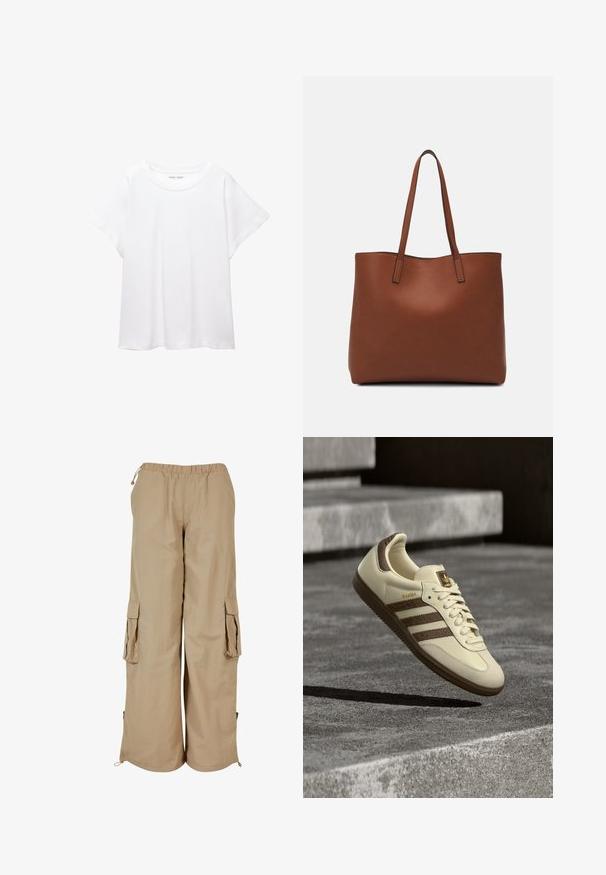 Bijela majica od mekane, lagane tkanine. Ima okrugli izrez i kratke, široke rukave s ležernim krojem. Bez vidljivih uzoraka.; Bež cargo hlače s elastičnom postavom, dva bočna džepa i umetcima od mrežaste tkanine; izrađene od lagane, teksturirane tkanine.; Tenisica krem boje sa smeđim detaljima, teksturiranim bočnim prugama i glatkom kožnom završnom obradom. Ima pertlanje i gumeni potplat.; Smeđa kožna torba preko ramena s glatkom teksturom, otvorenim vrhom i dvjema naramenicama. Ima minimalne šavove i nema vidljivog hardvera.