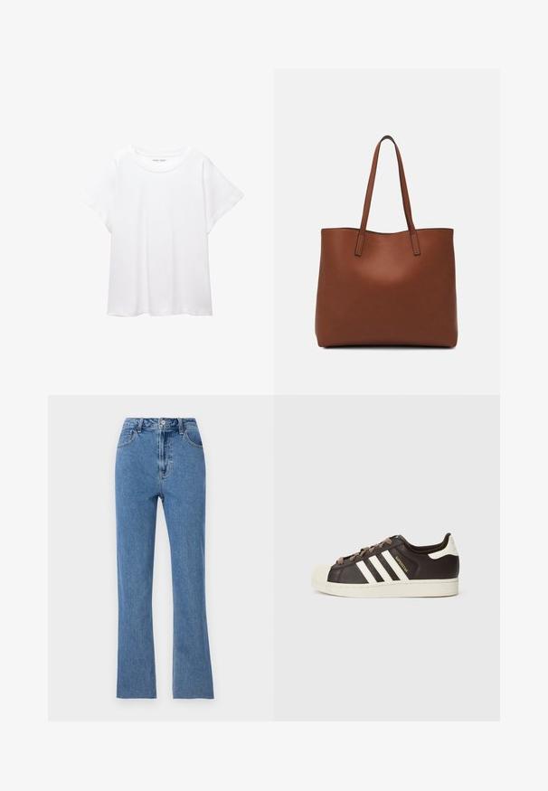 Bela majica s kratkimi rukavi, izdelana iz mehkega in lahkega blaga. Ima okroglo ovratnico ter kratke, široke rokave z udobnim krojem. Brez vidnih vzorcev.; Prijete modre kavbojke iz denima, z visokim pasom, razširjenimi hlačnicami in subtilnimi šivi. Klasična zasnova s petimi žepi.; Nizki adidas Superstar copat iz temno rjavega usnja s kremasto školjkasto konico, belimi črtami in napisom "Superstar" na strani.; Rjava usnjena torba z gladko teksturo, odprto zasnovo zgoraj in dvema naramnima trakovoma. Opremljena je z minimalnim šivanjem in brez vidnih kovinskih delov.