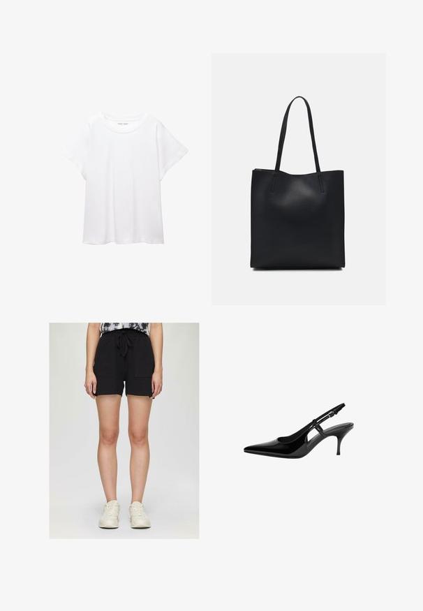 Weißes T-Shirt aus weichem, leichtem Stoff. Mit runder Halslinie und kurzen, weit geschnittenen Ärmeln für einen lässigen Sitz. Keine sichtbaren Muster.; Schwarze Baumwollmischung-Shorts mit zwei Seitentaschen, elastischem Bund und Kordelzug. Sanfte Textur, knielang, lockere Passform.; Schwarze Lackleder-Slingback-Pumpe mit spitzem Zehenbereich, offenen seitlichen Ausschnitten, schlanker Absatz und verstellbarem Knöchelriemen.; Schwarze Laptoptasche aus Leder mit glatter Textur, rechteckiger Form und zwei langen Griffen. Keine sichtbaren Beschläge oder Verzierungen.