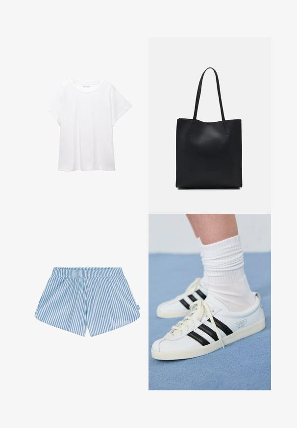 Bílý tričko vyrobené z měkké, lehké tkaniny. Má kulatý výstřih a krátké, široké rukávy s uvolněným střihem. Bez viditelných vzorů.; Modré a bílé pruhované šortky s elastickým pasem, dvěma knoflíky vpředu a volným střihem. Tkanina vypadá hladce a má lehkou texturu.; Bílé kožené tenisky s černými pruhy, krémovou podešví a světlými tkaničkami. Nosené s bílými žebrovanými ponožkami, umístěné na modrém pozadí.; Černá kožená taška přes rameno s hladkým povrchem, obdélníkovým tvarem a dvěma dlouhými uchy. Žádné viditelné kování ani ozdoby.