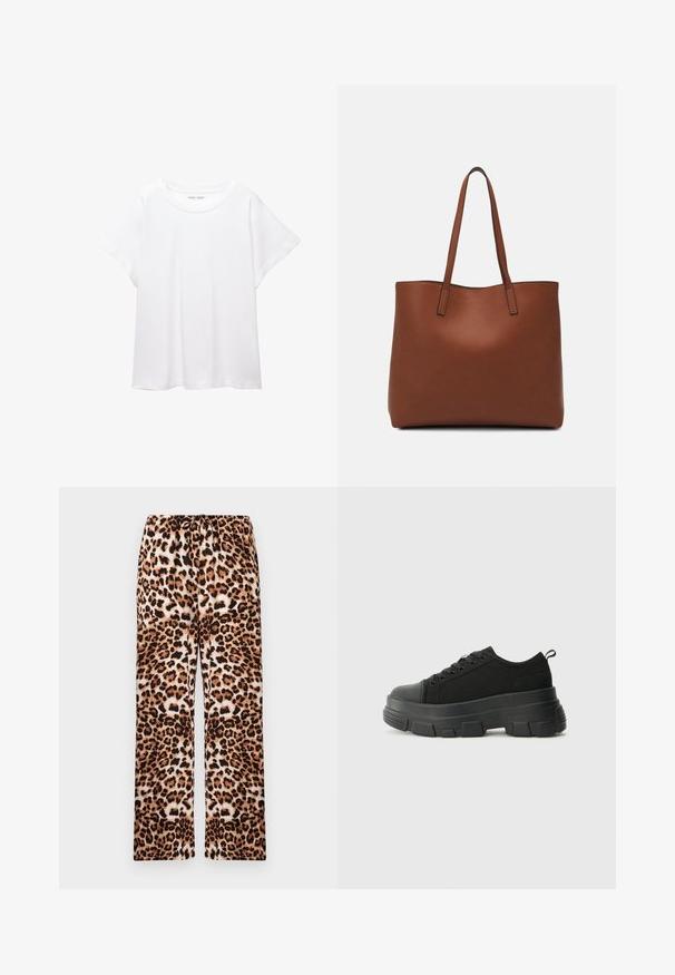 Bela majica s kratkimi rukavi, izdelana iz mehkega in lahkega blaga. Ima okroglo ovratnico ter kratke, široke rokave z udobnim krojem. Brez vidnih vzorcev.; Hlače z leopardjim vzorcem in ohlapnim krojem, z elastičnim pasom, narejene iz mehke tkanine z gladko teksturo.; Črne teniske z debelim gumijastim podplatom, zgornji del iz teksturirane tkanine, okrogla punta in zavezovanje z vrvicami. Vključujejo ojačane luknje za vrvice in zanko na hrbtu.; Rjava usnjena torba z gladko teksturo, odprto zasnovo zgoraj in dvema naramnima trakovoma. Opremljena je z minimalnim šivanjem in brez vidnih kovinskih delov.