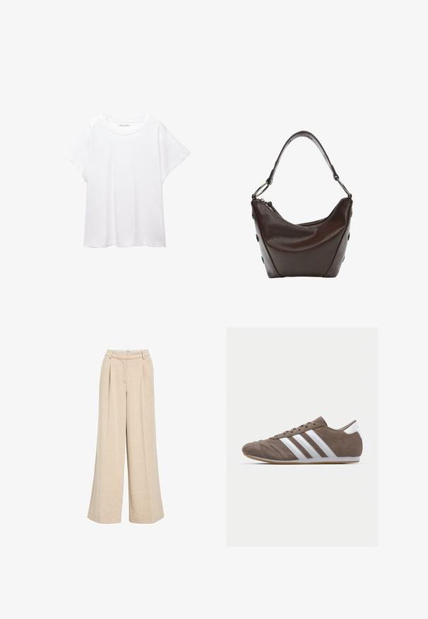 White T-shirt made of soft, lightweight fabric. Features a round neckline and short, wide sleeves with a relaxed fit. No visible patterns.; Light beige wide-leg trousers made of textured fabric, featuring a high waist, front pleats, and side pockets for added functionality.; Brown suede athletic shoe with white stripes, round toe, lace-up design, and gum rubber sole. Textured upper with stitching details.; Dark brown leather handbag with a curved shape, zip closure, and a short handle. Features metal hardware and decorative black buttons on the side.