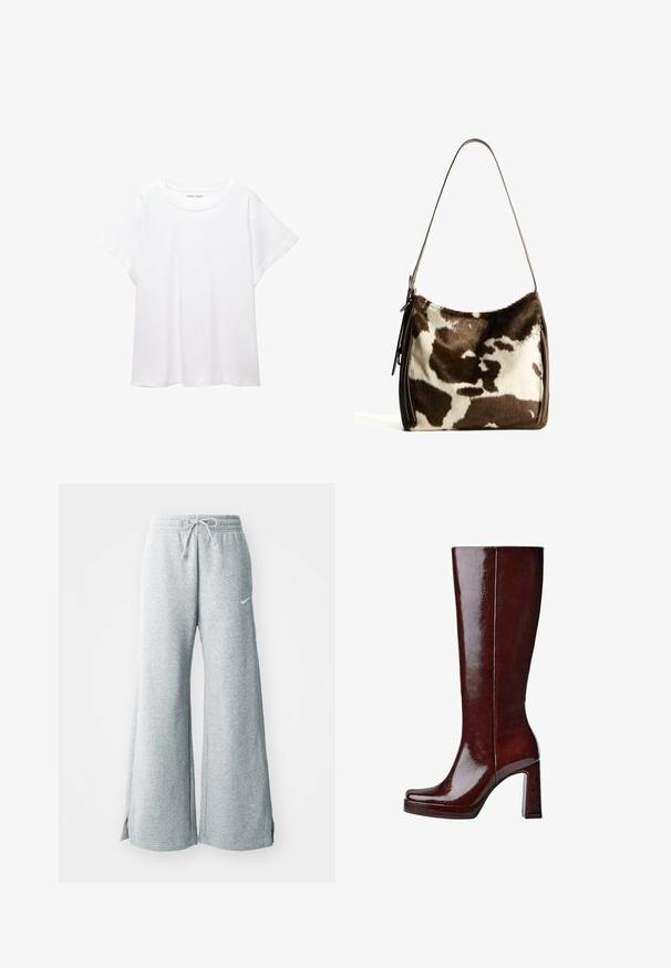 Bijela majica od mekane, lagane tkanine. Ima okrugli izrez i kratke, široke rukave s ležernim krojem. Bez vidljivih uzoraka.; Svijetlosive trenirke od mekog materijala, sa strukom na vezanje, širokim nogavicama i bočnim prorezima. Diskretno prikazan Nike logo.; Čizmice od sjajnog burgundskog krzna do koljena, sa kvadratnim vrhom, povišenom platformom i debelim blok petom. Glatka tekstura s minimalnim detaljima.; Smeđa i krem torba preko ramena od kravljeg krzna sa glatkim kožnim remenom, zatvaranjem na patentni zatvarač i mekom, teksturiranom površinom koja sadrži prirodan uzorak.