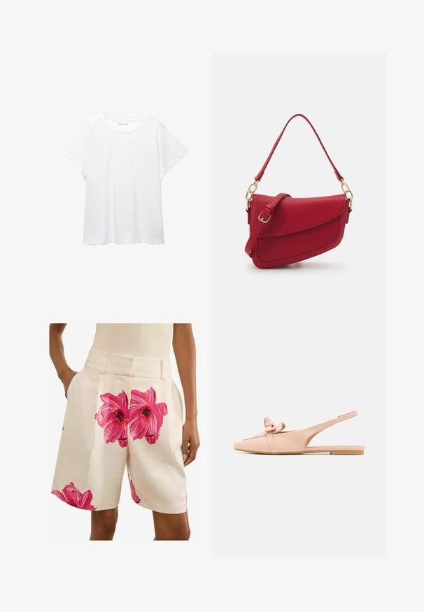 Witte T-shirt van zacht, lichtgewicht stof. Heeft een ronde halslijn en korte, brede mouwen met een ontspannen pasvorm. Geen zichtbare patronen.; Next PETITE - FLORAL TAILORED - Shorts - ecru pink; Nude leren slingback ballerina met een spitse neus, strikaccent en minimalistisch bandjesontwerp. Soepele textuur en slanke silhouette.; Rode leren schoudertas met textuur, voorzien van een lange schouderband en gouden hardware, met een gebogen klep en een gestructureerd silhouet.