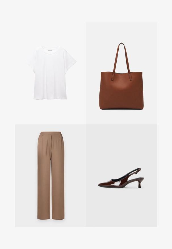 Tricou alb dintr-un material moale și ușor. Prezintă un decolteu rotund și mâneci scurte, largi, cu un croi lejer. Fără modele vizibile.; Pantaloni maro cu picioare largi, cu un tiv elastic, realizați dintr-un material moale. Au o croială lejeră și un tiv drept pentru confort.; Pantofii slingback din piele patent maro, cu vârful ascuțit și un toc moderat. Prezintă o curea cu prindere pentru o potrivire sigură. Textură netedă.; Geantă de umăr din piele maro cu o textură netedă, design cu vârf deschis și două curele pentru umăr. Prezintă cusături minime și fără componente metalice vizibile.