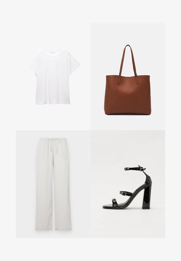 Hvid T-shirt lavet af blødt, let stof. Har en rund halsudskæring og korte, brede ærmer med en afslappet pasform. Ingen synlige mønstre.; Lysegrå vide benbukser lavet af blødt materiale, med elastisk talje og snor, samt to sidelommer.; Sorte patenterede hælsandaler med firkantet tå, ankelremme og sølvspænder. Har en chunky blokHæl for stabilitet.; Brun læder tote taske med en glat overflade, åben topdesign og to skulderremme. Har minimal syning og ingen synlig hardware.