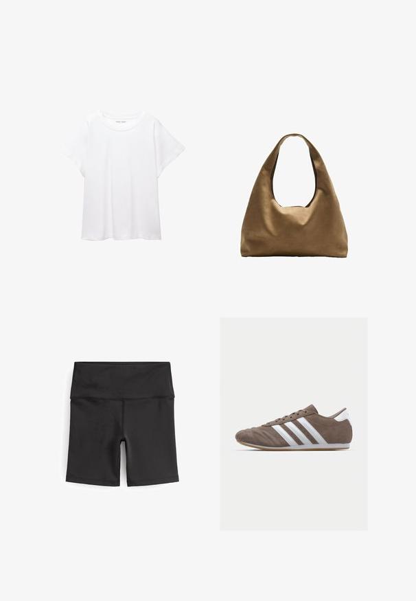 T-shirt bianco realizzato in un tessuto morbido e leggero. Presenta un collo rotondo e maniche corte e larghe con vestibilità morbida. Nessun motivo visibile.; Next CYCLING - Shorts - ultimate black; Scarpa sportiva in suede marrone con strisce bianche, punta tonda, design con lacci e suola in gomma. Parte superiore testurizzata con dettagli cuciti.; Borsa a spalla in tessuto marrone con un corpo ampio e arrotondato e una grande maniglia a taglio. Texture morbida, design minimalista e senza hardware visibile.