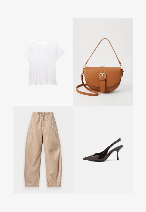 Hvid T-shirt lavet af blødt, let stof. Har en rund halsudskæring og korte, brede ærmer med en afslappet pasform. Ingen synlige mønstre.; Beige bomulds bukser med vidde, elastisk talje og snører, der har sidelommer og en glat, let tekstur.; Slingback højhælet sko i glat mørkebrun patenteret læder, spids tå, åbne sider og justerbar ankelrem.; Brun læder crossbody taske med en buet form, guldfarvet hardware og en spændeaccent. Har en aftagelig skulderrem.