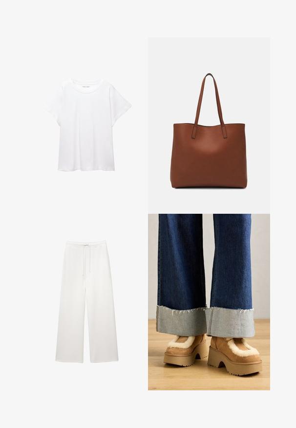 Biała koszulka wykonana z miękkiej, lekkiej tkaniny. Posiada okrągły dekolt oraz krótkie, szerokie rękawy, zapewniające luźny krój. Brak widocznych wzorów.; Luźne, białe spodnie o szerokich nogawkach z elastycznym paskiem w talii i sznurkiem, zaprojektowane do noszenia na co dzień.; Brązowe zamszowe botki na platformie z kremowym futerkiem w środku, zestawione z szerokimi dżinsowymi spodniami z postrzępionymi brzegami i jaśniejszym dżinsowym mankietem.; Brązowa skórzana torba tote o gładkiej fakturze, z otwartym wierzchem i dwoma ramiączkami. Charakteryzuje się minimalnym przeszyciem i brakiem widocznych elementów metalowych.
