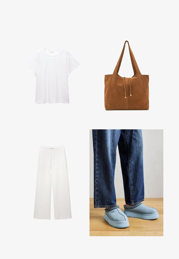 Hvid T-shirt lavet af blødt, let stof. Har en rund halsudskæring og korte, brede ærmer med en afslappet pasform. Ingen synlige mønstre.; Løse hvide bukser med brede ben, elastisk talje og snor, designet til afslappet brug.; Blå ruskinds slip-on UGG sko med tykke såler, båret med blå jeans på et trægulv mod en ensfarvet baggrund.; Brun ruskinds-tote med to lange stropper, snørelukning og minimalistisk design. Glat tekstur og ingen synlige hardware-detaljer.