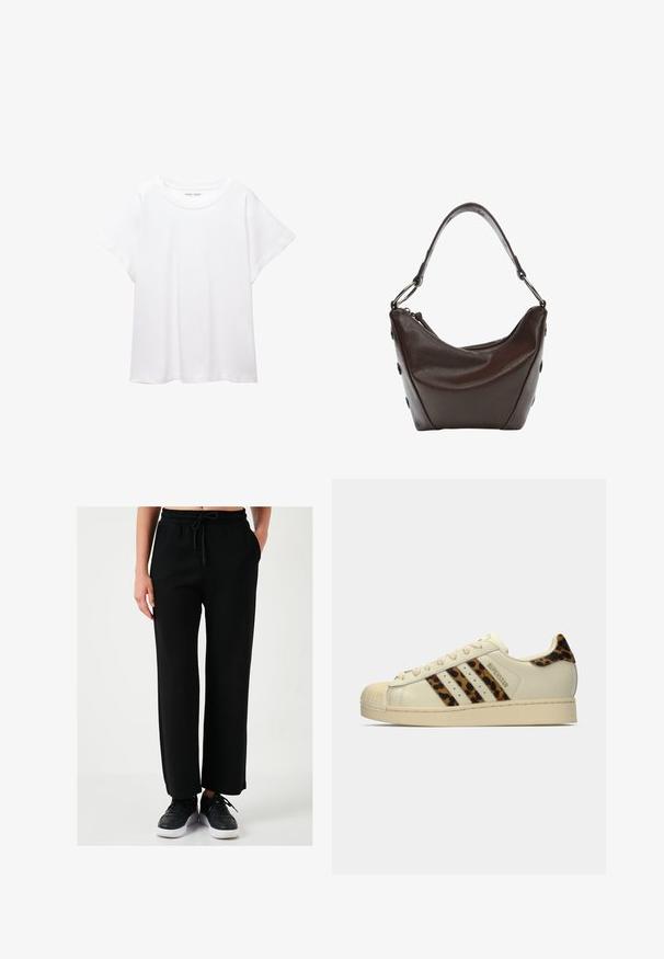 Biele tričko vyrobené z mäkkého, ľahkého materiálu. Má okrúhly výstrih a krátke, široké rukávy s uvoľneným strihom. Bez viditeľných vzorov.; Čierne široké nohavice vyrobené z mäkkého materiálu, s elastickým pásom a šnúrkou, bočnými vreckami a hladkou textúrou.; Svetlo krémové tenisky Adidas Superstar s pruhmi a pätkou s leopardím vzorom, béžovo gumovou špičkou a textom "SUPERSTAR" na strane.; Tmavo hnedá kožená kabelka s zakriveným tvarom, so zipsom a krátkym uchom. Obsahuje kovové súčiastky a dekoratívne čierne gombíky na boku.