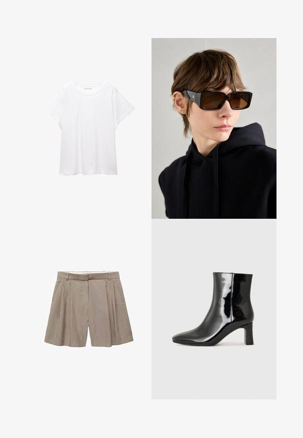 Bílý tričko vyrobené z měkké, lehké tkaniny. Má kulatý výstřih a krátké, široké rukávy s uvolněným střihem. Bez viditelných vzorů.; Krémpové skládací šortky vyrobené z látky s vertikálními pruhy. Mají pas s poutky na opasek a rovný střih.; Černé lakované kotníkové boty s špičatou špičkou a středně vysokým blokovým podpatkem. Hladká textura a minimalistický design.; Černé oversized sluneční brýle s lesklým povrchem, obdélníkovým tvarem, hnědými skleněnými čočkami a zlatým logem na stranách.; Černá kožená kabelka s křivkovým tvarem, odnímatelným popruhem a zlatými detaily. Kabelka má klopu s přezkou.