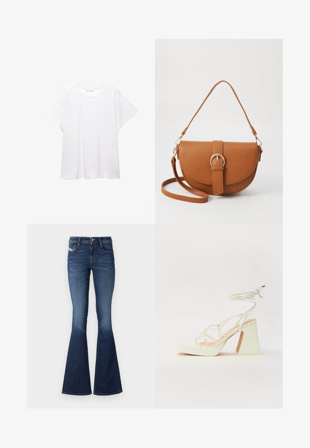 Fehér póló, puha, könnyű anyagból készült. Kerek nyakú, rövid, széles ujjaival és laza szabásával rendelkezik. Nincsenek látható minták.; Sötét mosású, harangszárú farmernadrág, közép magas derékkal, klasszikus öt zsebes kialakítással és enyhe halványítással a comboknál.; Fehér, magassarkú szandál vastag sarokkal, pántos dizájnnal és bokapánttal. Sima textúra, elülső platformmal a megnövelt magasság érdekében.; Barna bőr keresztbody táska ívelt formával, aranyszínű fémrészekkel és csat díszítéssel. Levehető vállpánttal rendelkezik.