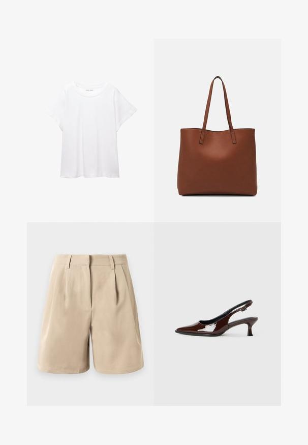 Fehér póló, puha, könnyű anyagból készült. Kerek nyakú, rövid, széles ujjaival és laza szabásával rendelkezik. Nincsenek látható minták.; Beige, magas derekú, szabott sort övhurkokkal, elülső redőkkel és rejtett elülső zárással, fehér háttér előtt.; Barna lakkbőr slingback cipő hegyes orral és mérsékelt sarkal. Biztonságos illeszkedést biztosító csattal rendelkezik. Sima textúra.; Barna bőr vászontáska sima textúrával, nyitott tetejű dizájnnal és két vállpánttal. Minimális varrással és látható hardver nélkül készült.