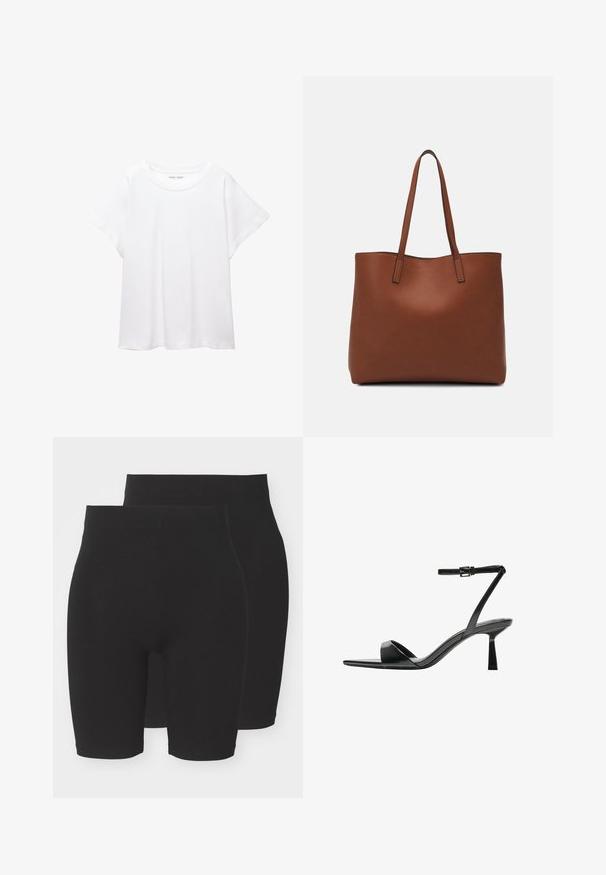 Biała koszulka wykonana z miękkiej, lekkiej tkaniny. Posiada okrągły dekolt oraz krótkie, szerokie rękawy, zapewniające luźny krój. Brak widocznych wzorów.; Czarne, elastyczne szorty o jednolitym wzorze, z średniej wysokości pasem i gładką, miękką teksturą. W zestawie znajduje się para dwóch szortów.; Bershka - Sandały na obcasie; Brązowa skórzana torba tote o gładkiej fakturze, z otwartym wierzchem i dwoma ramiączkami. Charakteryzuje się minimalnym przeszyciem i brakiem widocznych elementów metalowych.