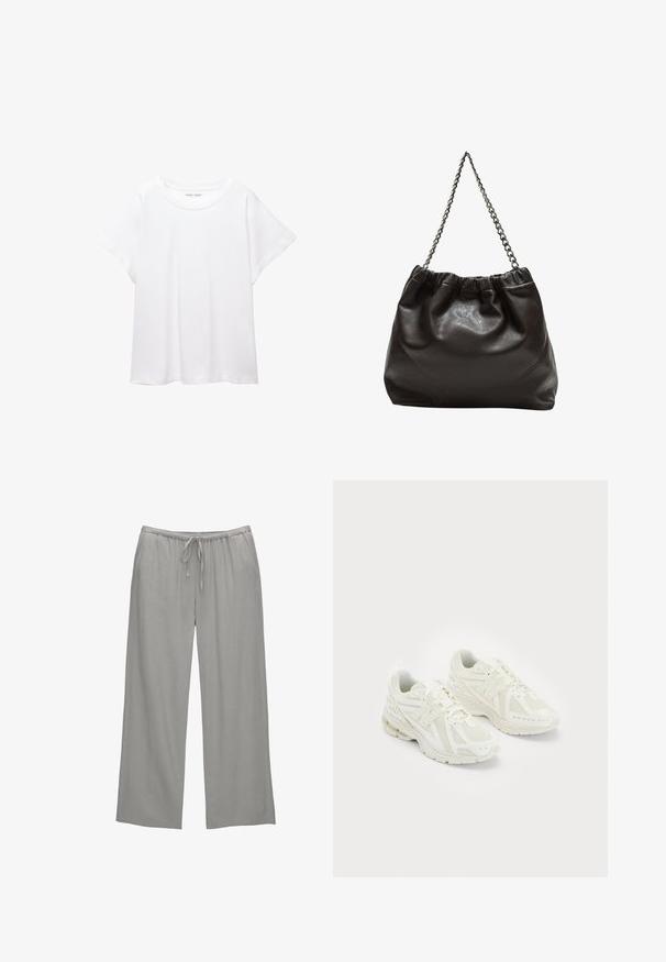 Weißes T-Shirt aus weichem, leichtem Stoff. Mit runder Halslinie und kurzen, weit geschnittenen Ärmeln für einen lässigen Sitz. Keine sichtbaren Muster.; Helle graue weite Hose aus weichem Stoff, mit einem elastischen Bund und Kordelzug sowie seitlichen Taschen.; Weiße Sportschuhe aus Mesh- und synthetischen Materialien, Schnürdesign, gepolsterter Kragen und strukturiertes Profil für besseren Grip. Leichte Bauweise.; Braune Lederhandtasche mit gerafftem Oberteil und Kettenriemen. Glatte Textur mit glänzendem Finish und subtilen Nahtdetails an den Seiten.