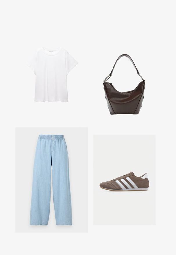 Vit t-shirt som är gjord av mjukt, lätt tyg. Har en rund halsringning och korta, vida ärmar med en avslappnad passform. Inga synliga mönster.; Ljusblå, vida byxor av denim med elastisk midja. Slät textur utan synliga mönster eller utsmyckningar.; Bruna mockaskor för sport med vita ränder, rund tå, snörning och sula av gummigummi. Texturerad ovandel med stikningsdetaljer.; Mörkbrun läderhandväska med en böjd form, dragkedjsstängning och ett kort handtag. Har metallbeslag och dekorativa svarta knappar på sidan.