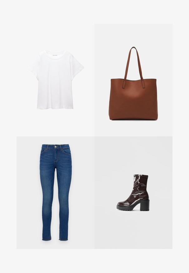 Fehér póló, puha, könnyű anyagból készült. Kerek nyakú, rövid, széles ujjaival és laza szabásával rendelkezik. Nincsenek látható minták.; Sötét kék farmerből készült slim fit farmernadrág, klasszikus ötpockets dizájnnal, látható varrással és gombos záródással a deréknál.; Fényes bordó bokacsizma vastag fekete sarokkal, sima felülettel és egyszerű dizájnnal. Nincsenek látható zárak vagy minták.; Barna bőr vászontáska sima textúrával, nyitott tetejű dizájnnal és két vállpánttal. Minimális varrással és látható hardver nélkül készült.