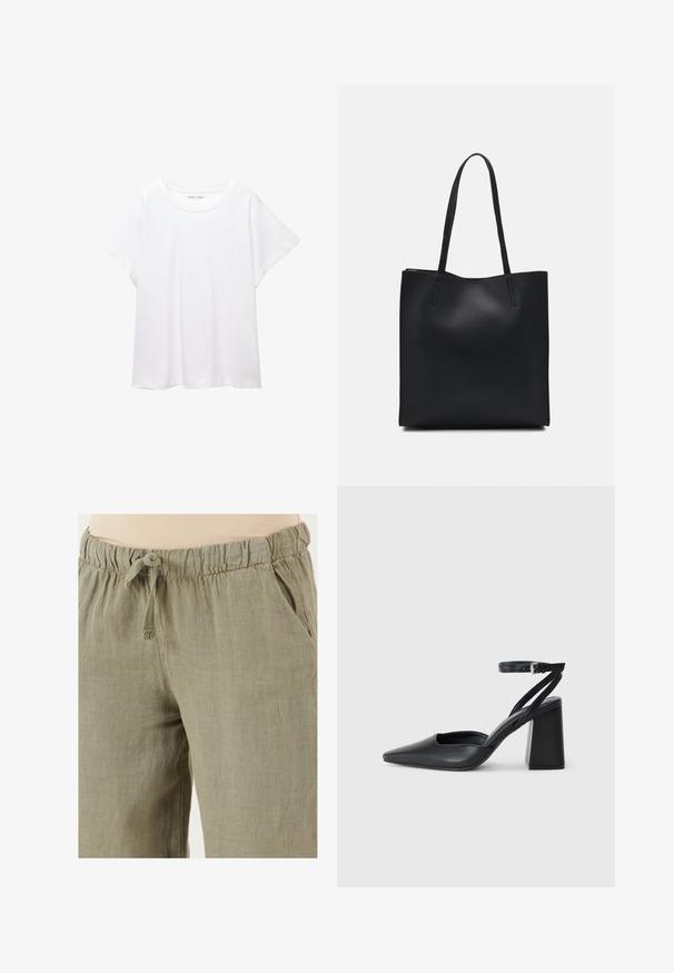Weißes T-Shirt aus weichem, leichtem Stoff. Mit runder Halslinie und kurzen, weit geschnittenen Ärmeln für einen lässigen Sitz. Keine sichtbaren Muster.; Helle olivgrüne Leinenhosen mit einem elastischen Bund und Kordelzug; verfügen über Seitentaschen und eine lockere Passform.; Schwarze Leder-Pumps mit spitzer Zehe, einem Knöchelriemen und einem blockigen Absatz. Flache Textur, elegantes Design und minimalistische Ästhetik.; Schwarze Laptoptasche aus Leder mit glatter Textur, rechteckiger Form und zwei langen Griffen. Keine sichtbaren Beschläge oder Verzierungen.