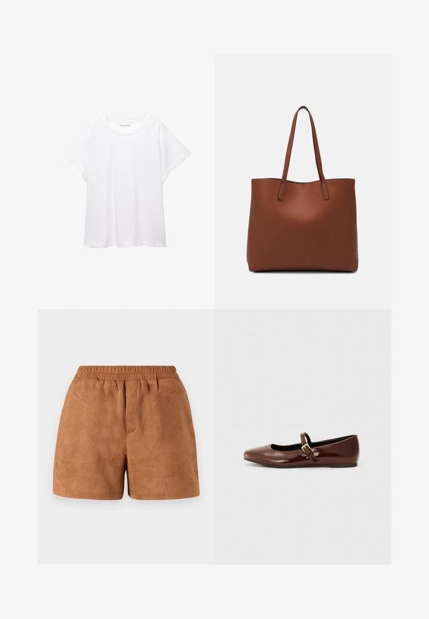 Bijela majica od mekane, lagane tkanine. Ima okrugli izrez i kratke, široke rukave s ležernim krojem. Bez vidljivih uzoraka.; Smeđi zamskasti šorc s elastičnim pojasom, s opuštenim krojem i glatkom teksturom. Jednostavan dizajn, prikladan za svakodnevno nošenje.; Smeđe lakirane balerinke s kvadratnim vrhom i trakicom koja sadrži mali zlatni kopču. Glatka tekstura, niska potpetica i minimalistički dizajn.; Smeđa kožna torba preko ramena s glatkom teksturom, otvorenim vrhom i dvjema naramenicama. Ima minimalne šavove i nema vidljivog hardvera.