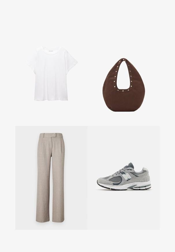 Bela majica s kratkimi rukavi, izdelana iz mehkega in lahkega blaga. Ima okroglo ovratnico ter kratke, široke rokave z udobnim krojem. Brez vidnih vzorcev.; Bež hlače na mero iz teksturirane tkanine, s straight leg obliko in sprednjimi gubami. Brez vidne kovinske opreme ali vzorcev.; Sive češnje z mrežastim in usnjenim materialom, ki imajo belo logotip, oblazinjen ovratnik in teksturiran gumijast podplat. Akcenti v temnejši sivi barvi.; Rjava torba z ukrivljeno obliko, opremljena z velikim izrezanim ročajem, okrašenim s srebrnimi zakovkami ob robu. Narejena iz mehkega blaga.