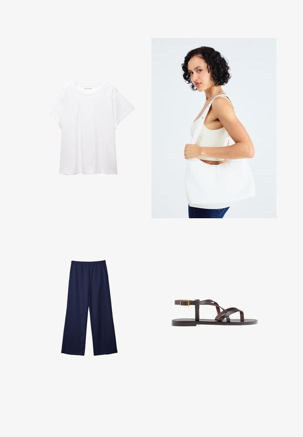 Weißes T-Shirt aus weichem, leichtem Stoff. Mit runder Halslinie und kurzen, weit geschnittenen Ärmeln für einen lässigen Sitz. Keine sichtbaren Muster.; Marinefarbene weite Hosen aus einem weichen, glatten Stoff. Mit einem elastischen Bund und zwei seitlichen Taschen.; Braune Leder-Sandale mit überkreuzten Riemen, einem Knöchelriemen mit Schnalle und einer flachen Sohle mit minimalen Nähdetails.; Weißer Schultertasche aus glattem Material mit ovalem Ausschnitt und breitem Tragegurt. Einfach und modern, ohne sichtbare Hardware.