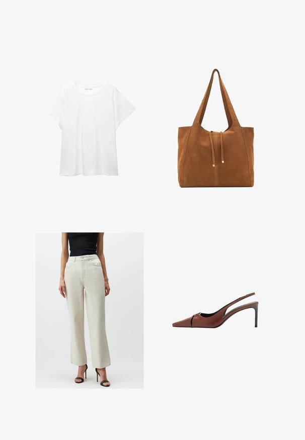 Witte T-shirt van zacht, lichtgewicht stof. Heeft een ronde halslijn en korte, brede mouwen met een ontspannen pasvorm. Geen zichtbare patronen.; Crème wijde jeans gemaakt van denim, met een hoge taille, opgestikte zakken aan de voorkant en een subtiele textuur. Gepaard met zwarte hakken.; Bruine leren slingback hakken met een spitse neus, uitsnijding bij de bovenkant en een elegante stilettohak. Glad oppervlak.; Bruine suède schoudertas met twee lange hengsels, trekkoordsluiting en minimalistisch ontwerp. Gladde textuur en geen zichtbare hardware-accenten.