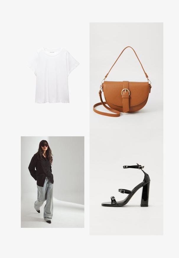 Witte T-shirt van zacht, lichtgewicht stof. Heeft een ronde halslijn en korte, brede mouwen met een ontspannen pasvorm. Geen zichtbare patronen.; Zwarte button-up shirt, lichtblauwe wijde jeans en puntige zwarte hakken. Model draagt grote donkere zonnebril. Zacht licht, neutrale achtergrond.; Zwarte patent lederen sandalen met hoge hakken, twee gespenbanden, een vierkante neus en een stevige blokhak, met een gladde, glanzende textuur.; Bruine leren schoudertas met een gebogen vorm, gouden hardware en een gespaccent. Bevat een afneembare schouderriem.