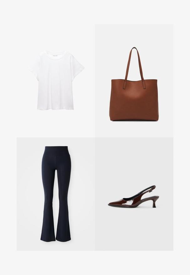 Biele tričko vyrobené z mäkkého, ľahkého materiálu. Má okrúhly výstrih a krátke, široké rukávy s uvoľneným strihom. Bez viditeľných vzorov.; Námornícke modré rozšírené legíny vyrobené z elastického materiálu s vysokým pásom. Hladká textura a jednotná farba, žiadne viditeľné vzory alebo akcenty.; Hnedá lakovaná slingback obuv s špicatou špičkou a mierne vysokým opätkom. Obsahuje pracku pre bezpečné upevnenie. Hladká textúra.; Hnedá kožená taška na rameno s hladkou textúrou, otvoreným vrchom a dvoma ramenými popruhmi. Má minimálne šitia a žiadne viditeľné kovania.