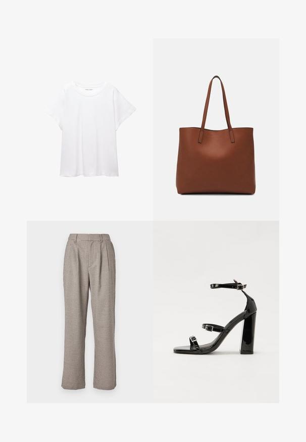 Valkoinen T-paita, joka on valmistettu pehmeästä ja kevyestä kankaasta. Omistaa pyöreän kaula-aukon ja lyhyet, leveät hihat rentoa istuvuutta varten. Ei näkyviä kuvioita.; Ruudulliset korkeavyötäröiset housut vaaleanbeigeinä ja mustina, joissa on rento istuvuus, poimintoja ja sivutaskuja. Sujuva pinta ja leveät lahkeet.; Musta kiiltäväpintainen korkokengät, joissa on kaksi solkikiinnitystä, neliönmuotoinen kärki ja paksu korko, sileällä, kiiltävällä pintarakenteella.; Ruskea nahkainen olkalaukku, jossa on sileä pinta, avoin yläosa ja kaksi olkahihnaa. Omaavat vain minimaalisen ompelun eikä näkyvää metalliosaa.