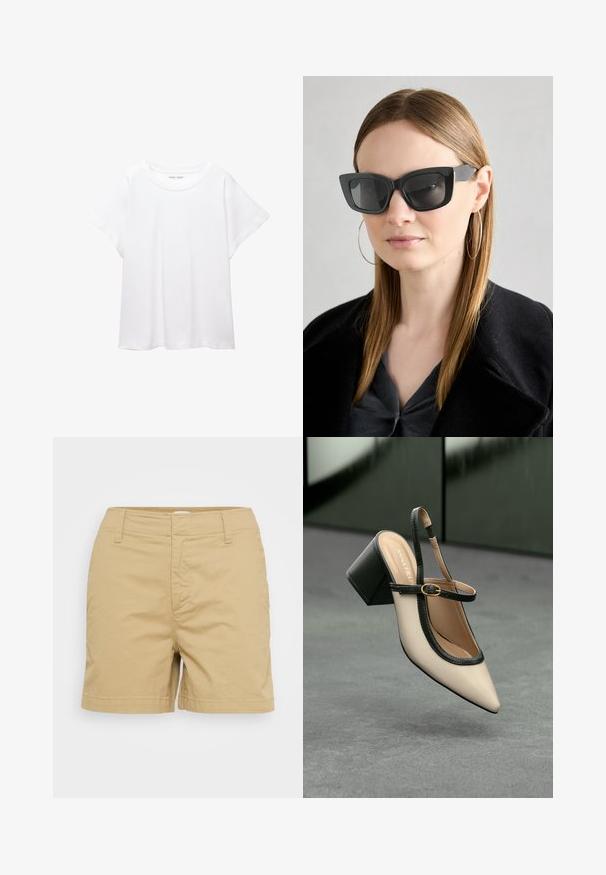 Hvid T-shirt lavet af blødt, let stof. Har en rund halsudskæring og korte, brede ærmer med en afslappet pasform. Ingen synlige mønstre.; Tan bomulds shorts med skræddersyet design, der har forlommer og bæltestropper, glat tekstur og lige kant.; Beige høje hæle slingback-sko med spids tå, sort kant og spænde detalje. Glat materiale med mat finish, mellemstor blokhæl.; Sorte katteøje solbriller med mørke linser, tykke rammer og subtile detaljer. Båret med en sort frakke og en grå bluse, med langt, glat hår.