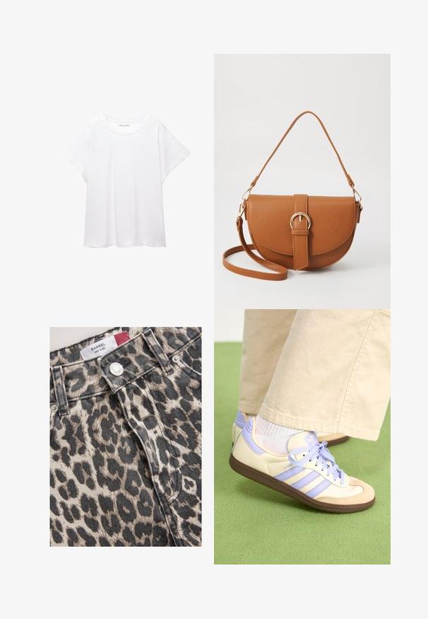 T-shirt blanc en tissu doux et léger. Il présente un col rond et des manches courtes et larges avec une coupe décontractée. Aucun motif visible.; Le tissu en denim à imprimé léopard présente une coupe taille mi-haute avec une fermeture à bouton argenté. La texture est rugueuse, montrant un tissage denim naturel.; Baskets crème et lavande avec trois bandes et une semelle marron texturée, dotées de lacets et d'un talon rembourré. Tige en tissu doux.; Sac bandoulière en cuir marron avec une forme incurvée, quincaillerie dorée et un accent en boucle. Comprend une bandoulière détachable.