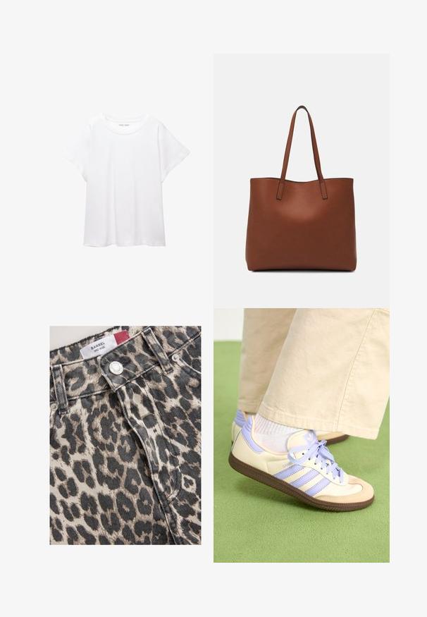 T-shirt blanc en tissu doux et léger. Il présente un col rond et des manches courtes et larges avec une coupe décontractée. Aucun motif visible.; Le tissu en denim à imprimé léopard présente une coupe taille mi-haute avec une fermeture à bouton argenté. La texture est rugueuse, montrant un tissage denim naturel.; Baskets crème et lavande avec trois bandes et une semelle marron texturée, dotées de lacets et d'un talon rembourré. Tige en tissu doux.; Sac fourre-tout en cuir marron avec une texture lisse, design à ouverture supérieure et deux poignées pour le porter à l'épaule. Présente des coutures minimales et aucun matériel visible.