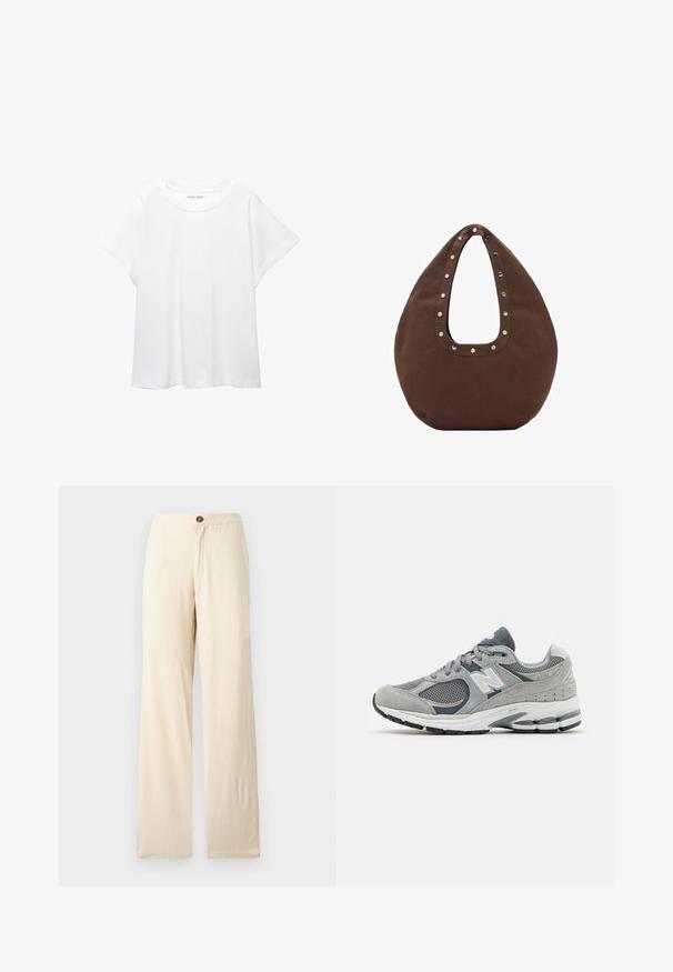 Bela majica s kratkimi rukavi, izdelana iz mehkega in lahkega blaga. Ima okroglo ovratnico ter kratke, široke rokave z udobnim krojem. Brez vidnih vzorcev.; Bež hlače širokega kroja iz lahkega materiala. Imajo sprednji gumb za zapiranje in ravne robove. Gladka tekstura z minimalnimi šivi.; Sive češnje z mrežastim in usnjenim materialom, ki imajo belo logotip, oblazinjen ovratnik in teksturiran gumijast podplat. Akcenti v temnejši sivi barvi.; Rjava torba z ukrivljeno obliko, opremljena z velikim izrezanim ročajem, okrašenim s srebrnimi zakovkami ob robu. Narejena iz mehkega blaga.