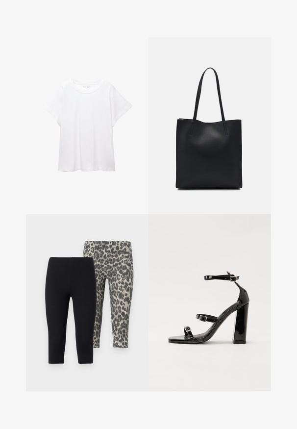 Vit t-shirt som är gjord av mjukt, lätt tyg. Har en rund halsringning och korta, vida ärmar med en avslappnad passform. Inga synliga mönster.; Två par korta leggings: en i enfärgat svart och den andra med ett grått leopardmönster. Mjuk, stretchig kvalitet med elastisk midjeband.; Svarta lackerade klacksandaler med fyrkantig tå, ankelremmar och silverfärgade spännen. Har en kraftig blockklack för stabilitet.; Svart lädertoffelväska med slät textur, rektangulär form och två långa handtag. Ingen synlig hårdvara eller dekorationer.