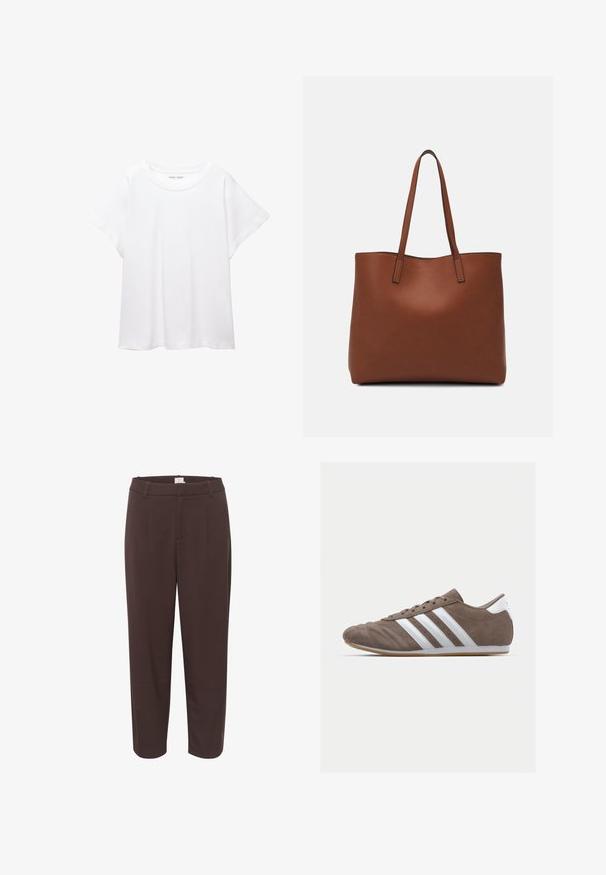 T-shirt blanc en tissu doux et léger. Il présente un col rond et des manches courtes et larges avec une coupe décontractée. Aucun motif visible.; Pantalons marron au design tailleur, dotés d'une taille, de plis avant et d'une coupe droite. Texture lisse et détails minimalistes.; Chaussure de sport en suède brun avec des rayures blanches, bout rond, design à lacets et semelle en caoutchouc naturel. Empeigne texturée avec des détails de couture.; Sac fourre-tout en cuir marron avec une texture lisse, design à ouverture supérieure et deux poignées pour le porter à l'épaule. Présente des coutures minimales et aucun matériel visible.