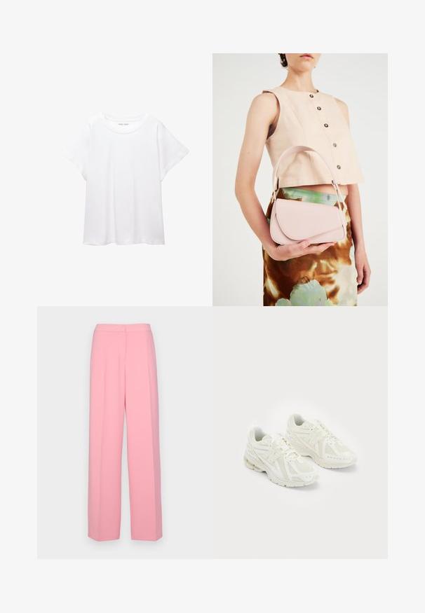 Fehér póló, puha, könnyű anyagból készült. Kerek nyakú, rövid, széles ujjaival és laza szabásával rendelkezik. Nincsenek látható minták.; Rózsaszín, bő szárú nadrág sima anyagból, magas derekú kialakítással, plisszírozott elejével, látható zsebek vagy díszítések nélkül.; Fehér sportcipők hálós és szintetikus anyagokból, fűzős dizájn, párnázott bokarésszel és érdes talppal a tapadás érdekében. Könnyű felépítés.; Rózsaszín bőr kézitáska ívelt fedéllel, egyetlen vállpánttal és letisztult vonalakkal. A táska sima textúrával és minimalista dizájnnal rendelkezik.