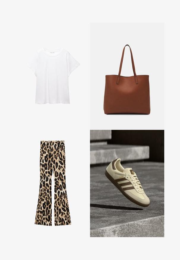 Biała koszulka wykonana z miękkiej, lekkiej tkaniny. Posiada okrągły dekolt oraz krótkie, szerokie rękawy, zapewniające luźny krój. Brak widocznych wzorów.; Spodnie dzwony z leopardskim nadrukiem w czarnych i brązowych odcieniach, o prążkowanej fakturze i wysokim stanie.; Kremowy tenisówka z brązowymi akcentami, teksturowanymi bocznymi paskami i gładkim wykończeniem ze skóry. Posiada sznurowanie i gumową podeszwę.; Brązowa skórzana torba tote o gładkiej fakturze, z otwartym wierzchem i dwoma ramiączkami. Charakteryzuje się minimalnym przeszyciem i brakiem widocznych elementów metalowych.