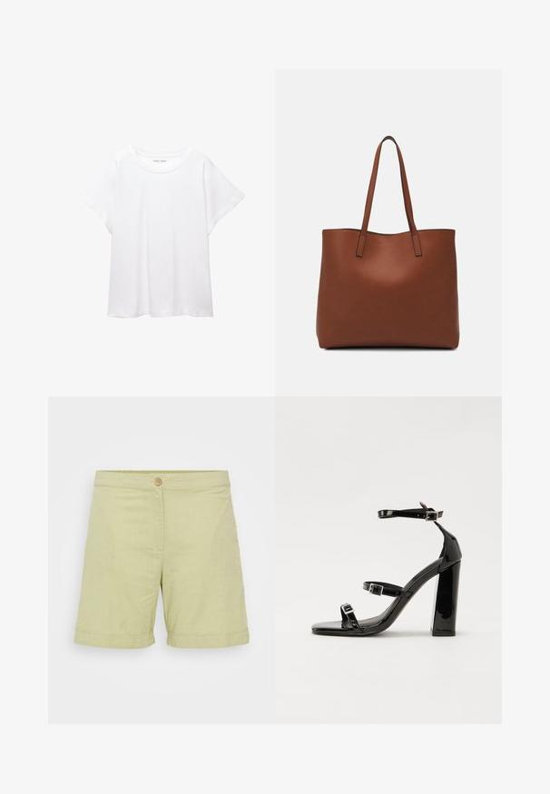 Tricou alb dintr-un material moale și ușor. Prezintă un decolteu rotund și mâneci scurte, largi, cu un croi lejer. Fără modele vizibile.; Shorts din in verde deschis, cu închidere prin tombolă, textură netedă, tivuri răsucite și un design simplu, drept.; Sandale cu toc din patent negru, cu vârf pătrat, curele la gleznă și catarame din argint. Dispune de un toc gros pentru stabilitate.; Geantă de umăr din piele maro cu o textură netedă, design cu vârf deschis și două curele pentru umăr. Prezintă cusături minime și fără componente metalice vizibile.