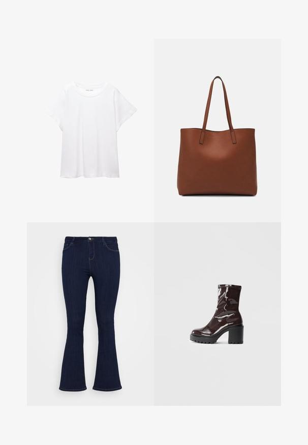 Bílý tričko vyrobené z měkké, lehké tkaniny. Má kulatý výstřih a krátké, široké rukávy s uvolněným střihem. Bez viditelných vzorů.; Tmavě modré džíny s vysokým pasem, těsně přiléhající na stehnech a mírně rozšířené na spodním okraji, s předními kapsami a zapínáním na knoflík.; Lesklá bordó kotníková bota s masivním černým podpatkem, se hladkým povrchem a jednoduchým designem. Žádné viditelné zapínání ani vzory.; Hnědá kožená taška přes rameno s hladkou texturou, otevřeným designem a dvěma ramenními popruhy. Obsahuje minimální švy a žádné viditelné kovové prvky.
