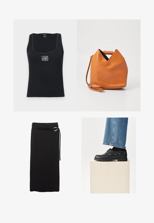 Czarny, prążkowany top na ramiączkach z kwadratowym dekoltem i białym haftowanym logo z przodu. Wykonany z elastycznego materiału.; Czarna midi spódnica wykonana z gładkiego materiału. Posiada minimalistyczny design, pasek z metalowym pierścieniem oraz wysoki stan.; Czarne skórzane buty z zaokrąglonym czubkiem, sznurowane, z złotymi oczkami. Solidna podeszwa. Noszone z niebieskimi dżinsami, które delikatnie zakrywają buty.; Skórzana torebka w kolorze brązowym z unikalnym trójkątnym zagięciem, z górnym uchwytem i odpinanym paskiem na ramię na białym tle.