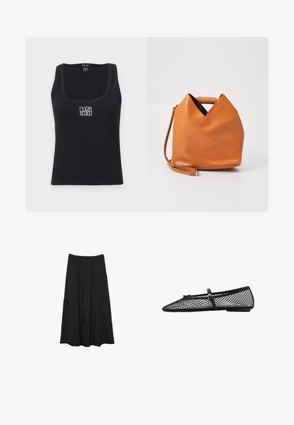 Débardeur noir à côtes avec un décolleté carré et un logo brodé blanc à l'avant. Fabriqué en matière extensible.; Jupe maxi noire à volants, fabriquée en tissu léger. Ceinture élastique avec trois volants horizontaux, offrant une silhouette fluide.; Ballerines en mesh noir avec un bout pointu, une sangle décorative et un accent subtil. Elles présentent un design en open-net et une semelle plate.; Sac à main en cuir tan avec un design de pli triangulaire unique, poignées supérieures et une bandoulière détachable sur fond blanc.
