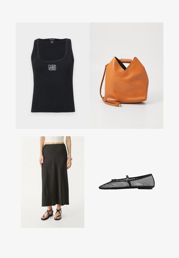 Schwarzes ribbeltes Tanktop mit quadratischem Ausschnitt und einem weißen gestickten Logo auf der Vorderseite. Hergestellt aus dehnbarem Material.; Schwarzer, bodenlanger Rock aus glattem Stoff mit schmaler Taillierung. Getragen mit schwarzen, verstellbaren Sandalen mit metallic Akzenten.; Schwarze Netz-Balletflats mit spitz zulaufender Zehenpartie, dekorativem Riemen und dezentem Akzent. Sie verfügen über ein offenes Netzdesign und eine flache Sohle.; Braune Lederhandtasche mit einzigartigem dreieckigem Faltendesign, Obergriff und abnehmbarem Schultergurt auf weißem Hintergrund.