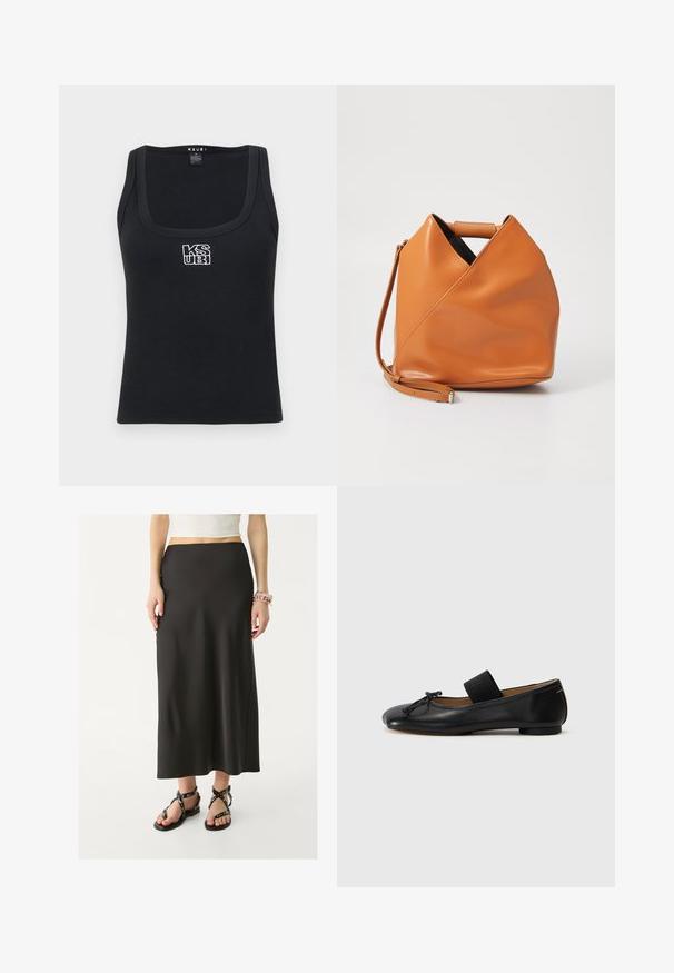 Sort ribbet tanktop med firkantet udskæring og et hvidt broderet logo på fronten. Fremstillet af et strækbart materiale.; Sort, gulvlængde nederdel lavet af glat stof med en tætsiddende talje. Båret med sorte strop sandaler med metalliske accenter.; Sorte læder ballet flats med en rund tå, en lille knude detalje og et elastisk bånd over vristen for en sikker pasform. Flad sål.; Tan læder taske med unikt trekantet foldedesign, top hanke og aftagelig skulderrem på hvid baggrund.