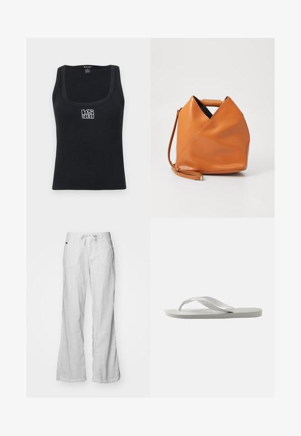 Fekete bordás pántos felső, négyzet alakú kivágással és fehér hímzett logóval az elülső részén. Rugalmas anyagból készült.; Fehér vászon nadrág laza illeszkedéssel, húzózsinóros derékrésszel és két elülső zsebbel. Jellemzője a széles szár és a finom textúra.; Fehér papucs texturált talppal és két vékony pánttal. A pántok simák, enyhe márkázással. Nincsenek minták vagy további díszítések.; Barna bőr kézitáska egyedi háromszög alakú hajtásdizájnnal, felső fogantyúval és levehető vállpánttal, fehér háttér előtt.