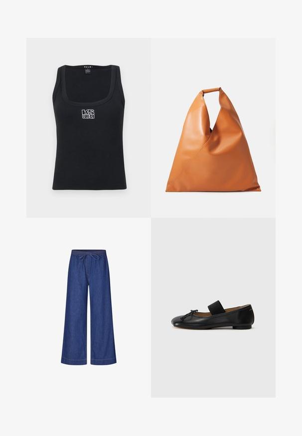Černý žebrovaný top bez rukávů s čtvercovým výstřihem a bílým výšivkovým logem na přední straně. Vyrobeno z elastického materiálu.; Modré džíny s širokými nohavicemi, elastickým pasem a stahovací šňůrkou, s oranžovým prošíváním.; Černé kožené baleríny s kulatou špičkou, malou mašlí a elastickým páskem přes nárt pro bezpečné uchycení. Rovná podešev.; Hladká kožená trojúhelníková kabelka v béžové barvě s krátkým zaobleným uchem a měkkou, skládací strukturou na bílém pozadí.